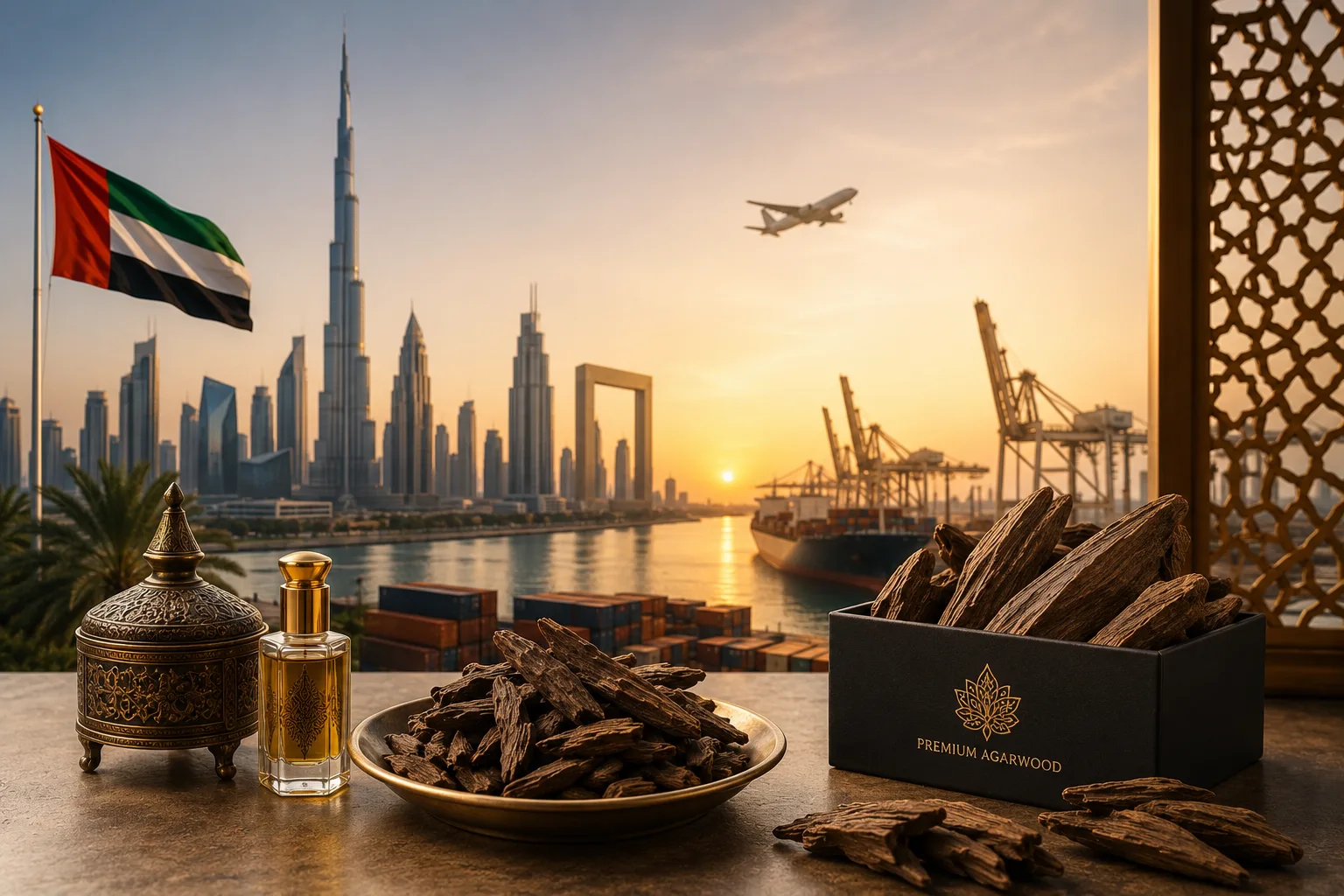 Dubai skyline with agarwood trade
